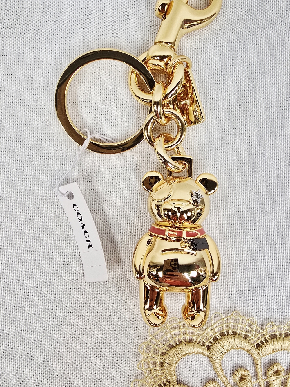 NWT COACH 3D Teddy Bear Gold Handbag Bag Charm Keychain F87166
